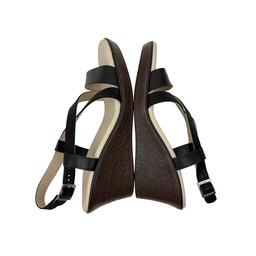 SAS Delight Wedge Heel Sandals Size 9.5 Black Web Leather Multi Strap Casual